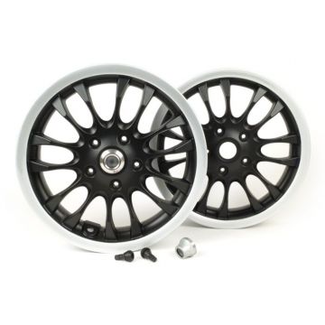 Velgenset inclusief ombouwset Piaggio 3.00-12 inch 14 spaken type Vespa Sprint 50-150 cc geschikt voor Vespa GT,GTL,GTS 125-300,GTV matzwart/zilveren rand