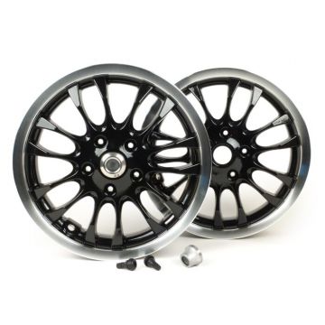 Velgenset inclusief ombouwset Piaggio 3.00-12 inch 14 spaken type Vespa Sprint 50-150 cc geschikt voor Vespa GT,GTL,GTS 125-300,GTV zwart,gepolijste rand