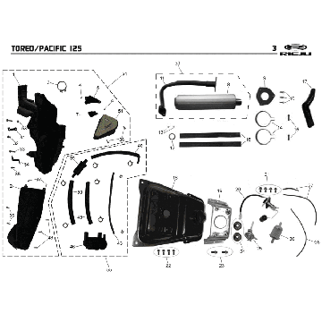 Filtr powietrza- zbiornik paliwa- wydech Rieju Pacific 125 szary 2-suwowy