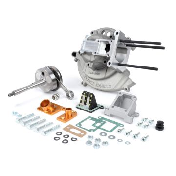 Carter compleet Pinasco Power Casing Slave 46x43 Piaggio Ciao,Bravo,SI,Boxer,Sp.12mm membraan Carter voor 21mm carburateur,zij-inlaat