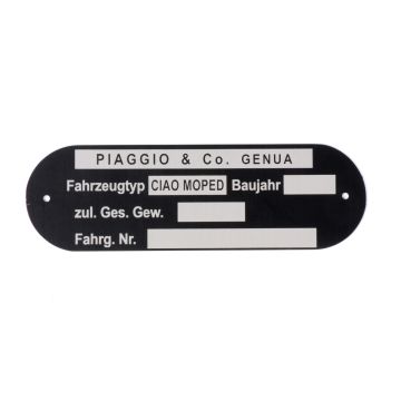 Framenummerplaatje/typeaanduiding  OEM kwaliteit Piaggio and Co Ciao Moped  *Blanko*