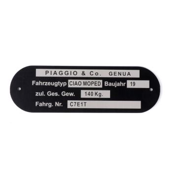 Framenummerplaatje/typeaanduiding  OEM kwaliteit Piaggio and Co Ciao Moped *C7E1T*