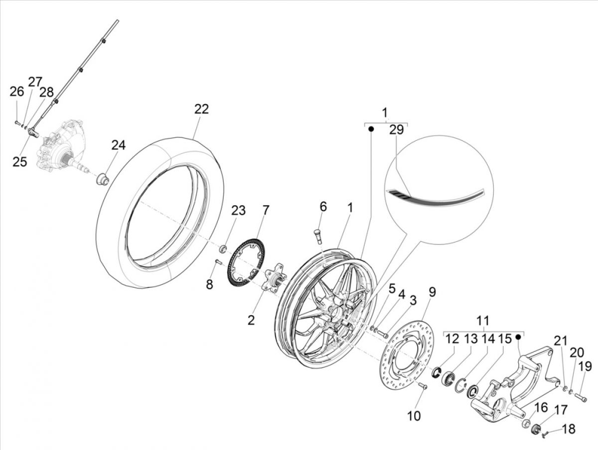 Piaggio Medley 125 4T IE ABS E4 2016-2019 tylne koło (EMEA)
