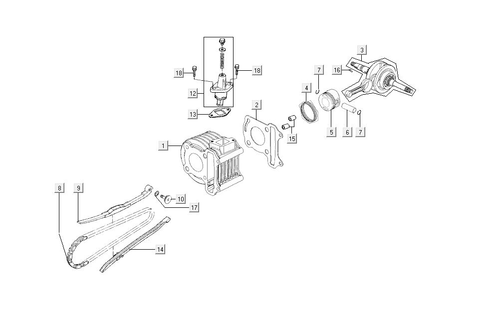 cylinder-wał korbowy Kymco Super 8 4-suwowy (2007-2009) Czerwony czarny