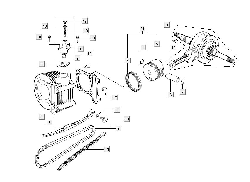 Cylinder - Wał korbowy Kymco New Dink 4-suwowy czarny metaliczny