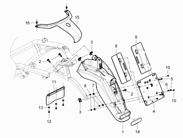Osłony tylne - Błotnik Piaggio Beverly 350 E3 Sport Touring 2013-2014 czarny matowy 93/B