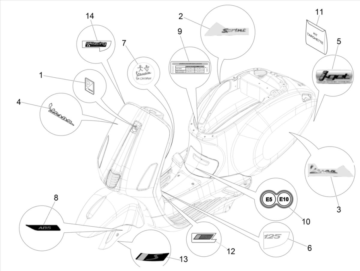 Emblematy Vespa Sprint 125 4T 3V IE ABS E5 2021 (EMEA)
