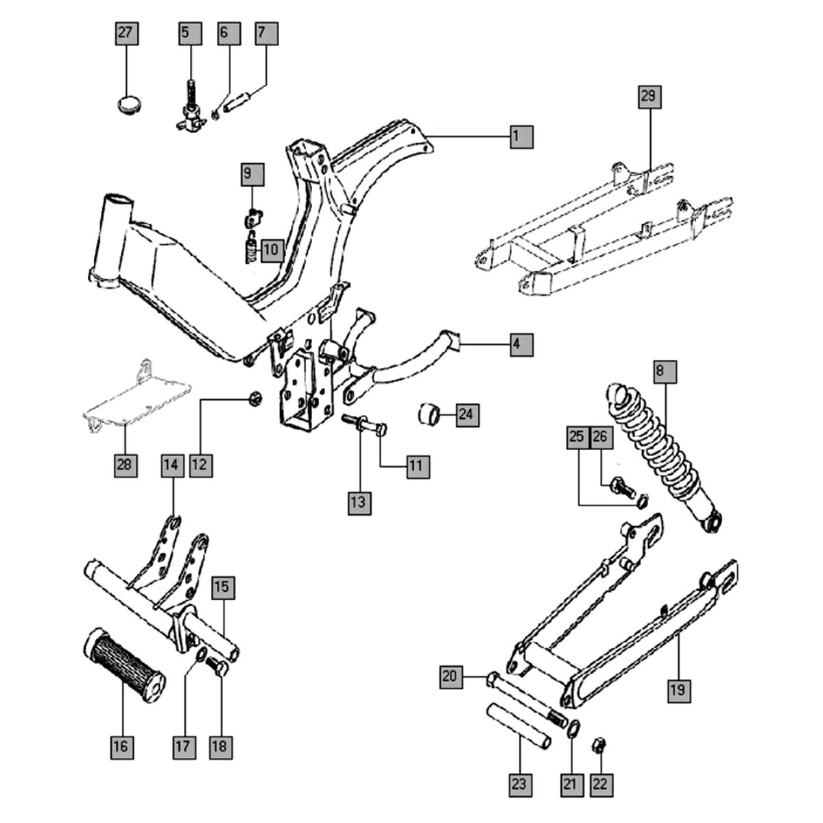 Frame - achterbrug - voetsteun - schokbreker Tomos LUXE EX (L0-L1)