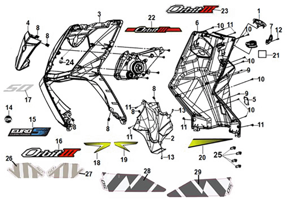 Obudowa przednia - skrzynka wewnętrzna przednia Sym Orbit III 50 E5 Matt Black/Fluorescent Yellow (BK-007U/Y-102C)