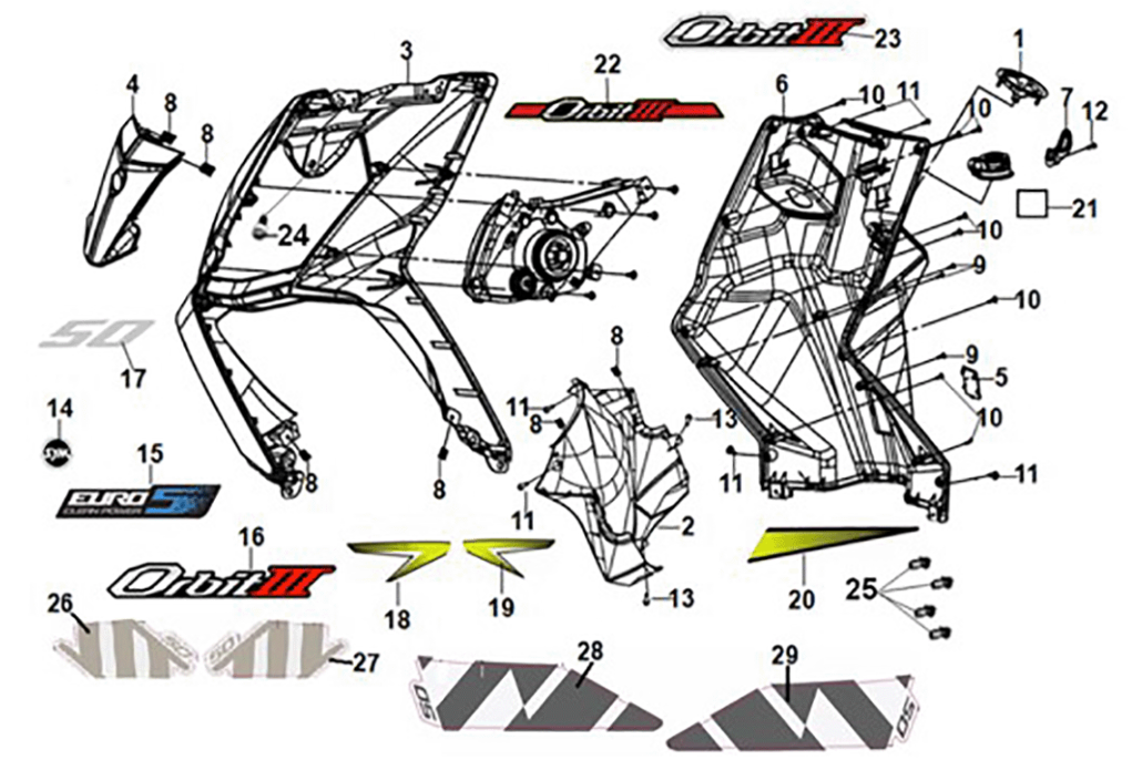 Obudowa przednia - skrzynka wewnętrzna przednia Sym Orbit III 50 E5 Dutch White (WH-006)