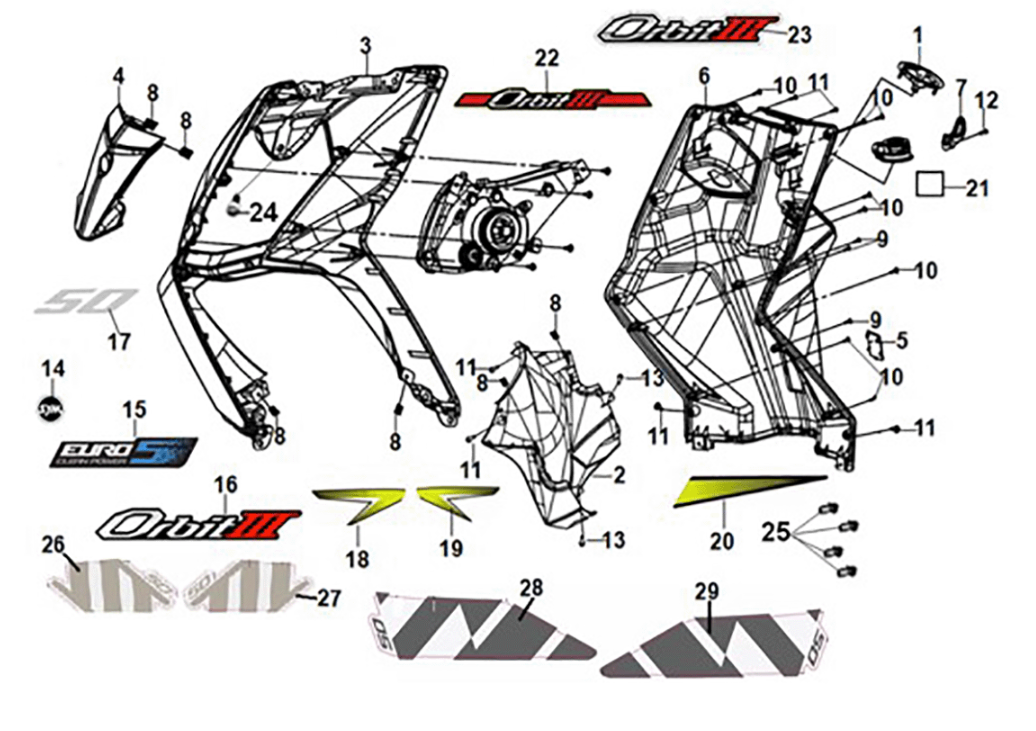 Obudowa przednia - skrzynka wewnętrzna przednia Sym Orbit III 50 E5 White/Grey (WH-006/GY-419S)