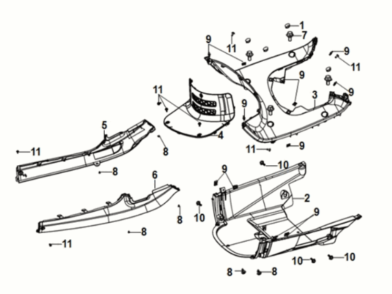 Osłona środkowa panelu podłogowego błotnika wewnętrznego Sym Fiddle IV 50 E5 Czarna (BK-007U)