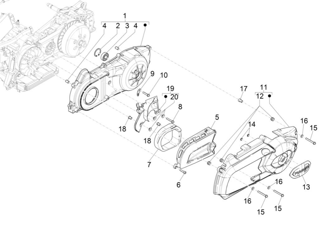 Obudowa skrzyni corbowej - Piaggio MP3 300 HPE /300 HPE SPORT E5 ABS 2020-2022 (EMEA) pokrywa skrzyni korbowej