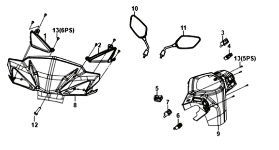 Koplampkap / spiegels / schakelaars Sym Orbit III 125I E4 BLACK (BK-007U)