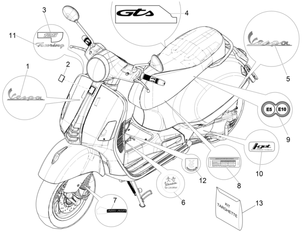 Vespa GTS 125 4T E4 ABS 2019 (EMEA) płyty i listwy ozdobne