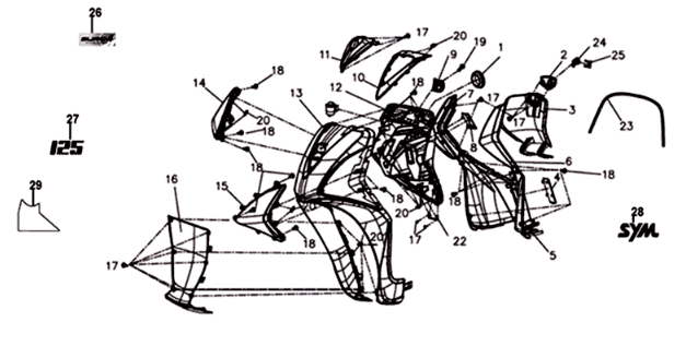 Płyta przednia/płyta wewnętrzna/wskaźniki Sym Symphony ST 125I E4 Black/ Silver (BK-001C/S-882U)