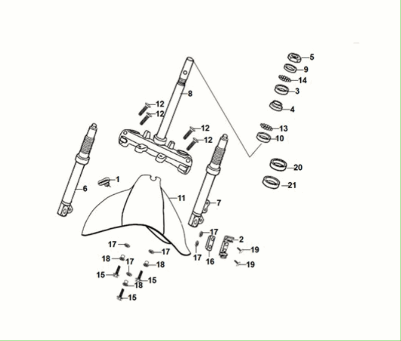 Widelec przedni - Korona zestawu słuchawkowego - Błotnik przedni Sym Fiddle ll Euro 5 Matowy zielony (GN-371U)