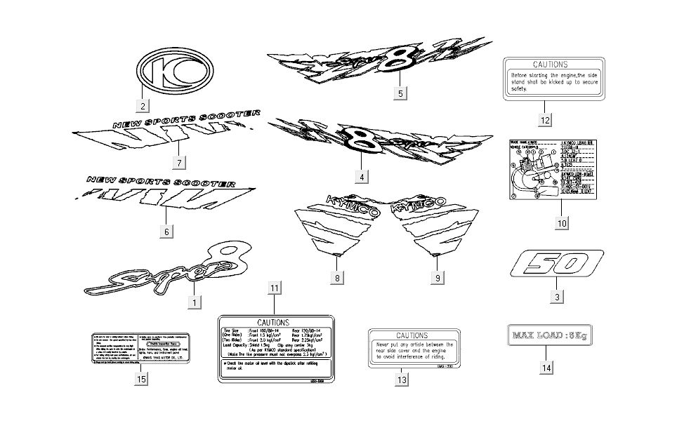 zestaw naklejek Kymco Super 8 4-suwowy (2007-2009) pomarańczowy
