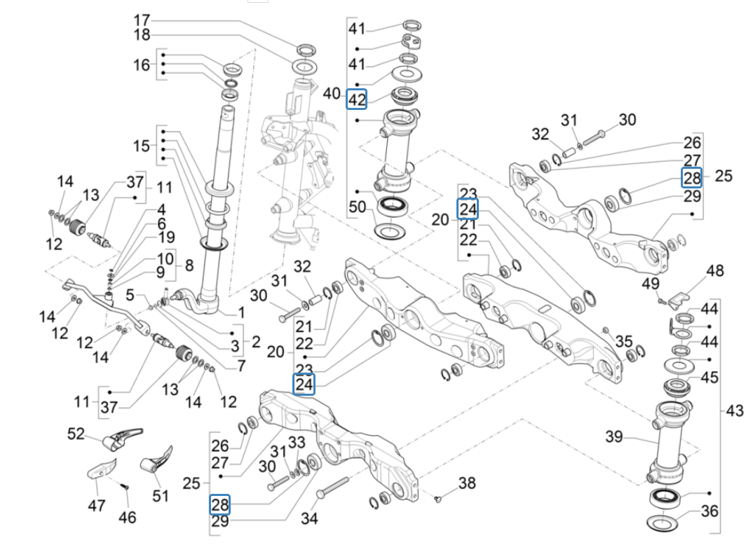 Widelec przedni/rura kierownicy - Piaggio MP3 350 Maxi sport E4 ABS 2018-2020 grupa łożysk kierowniczych (EMEA)