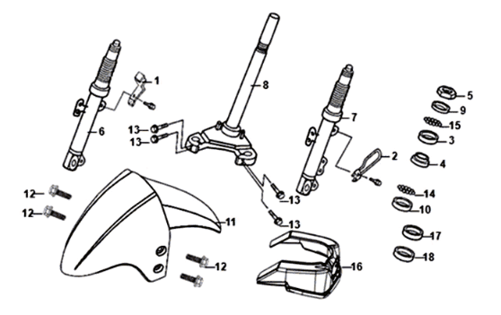 Voorvork / voorspatbord / balhoofdstel Sym Orbit III 125I E4 WHITE (WH-006)