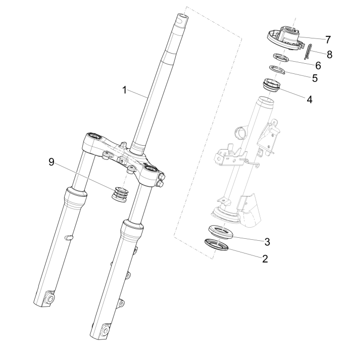 Widelec przedni/rura kierownicy - Piaggio Medley 150 4T IE ABS E4 2016-2020 (EMEA) grupa łożysk kierowniczych